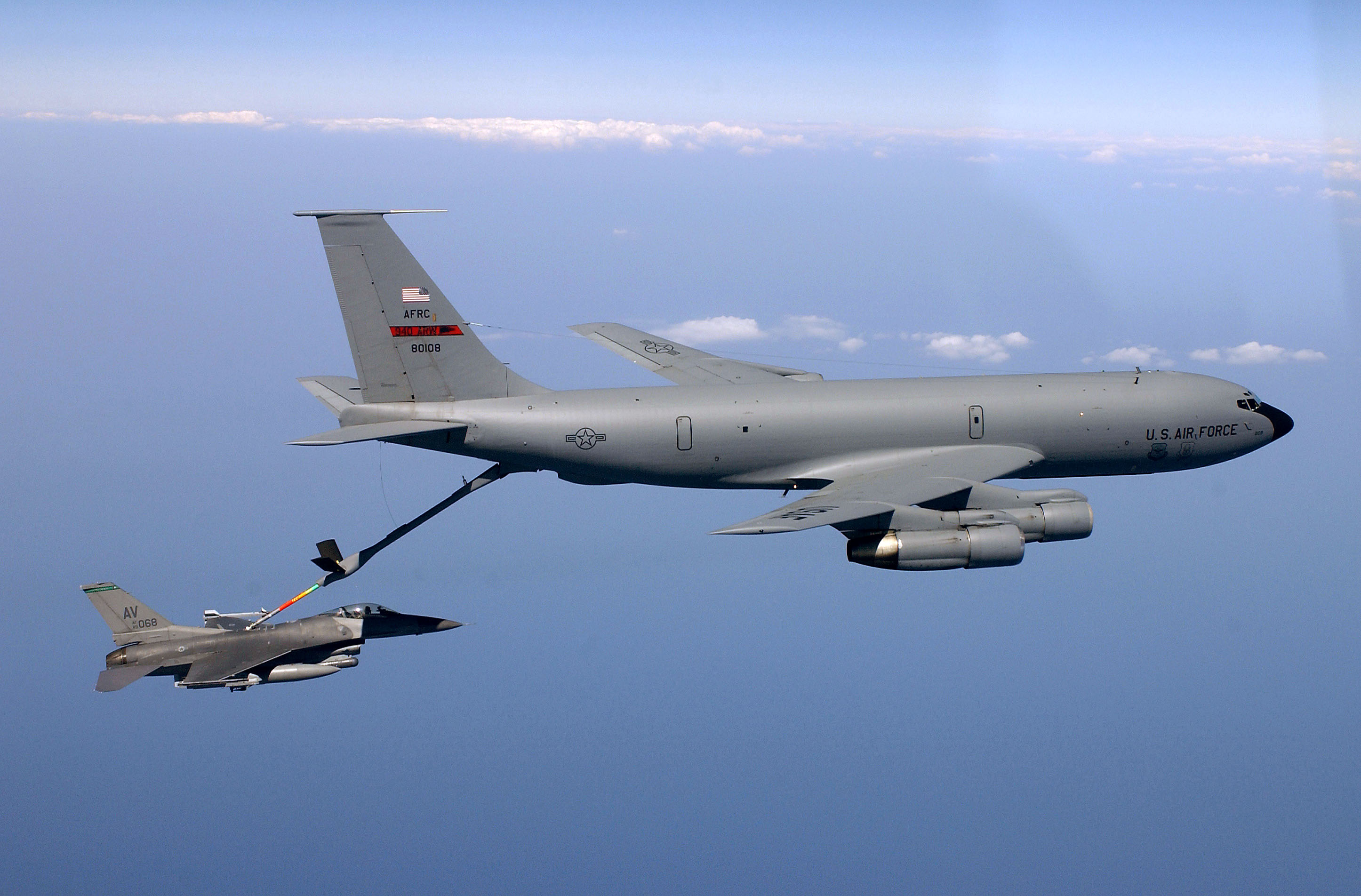 A USAF KC-135 refueling an F-16 Fighting Falcon. 