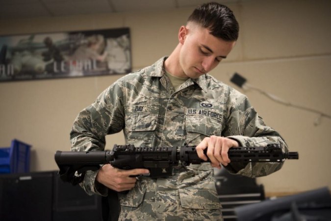 An airman assembles a GAU-5A (U.S. Air Force)