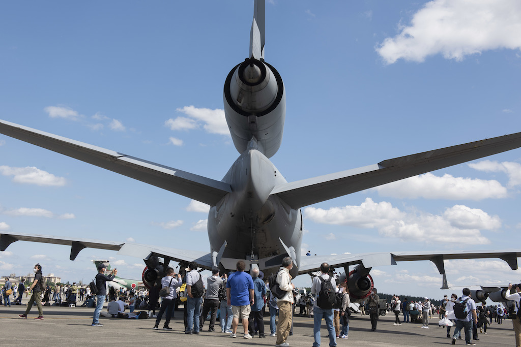 Friendship Festival attendees look at a U.S. Air Force KC-10 Extender during Friendship Festival 2022, at Yokota Air Base