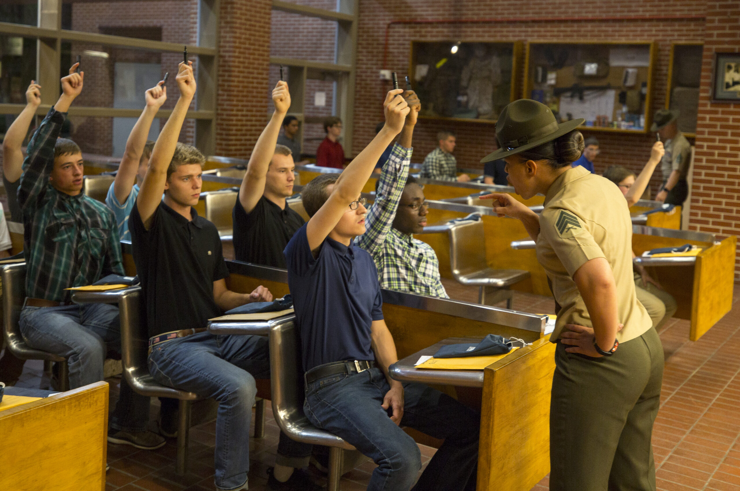 Recruits and Drill Instructor at Marine Corps Recruit Depot Parris Island