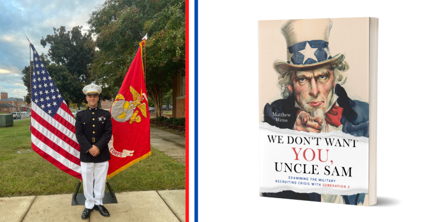 Matthew Weiss standing in dress blue uniform and his book cover.