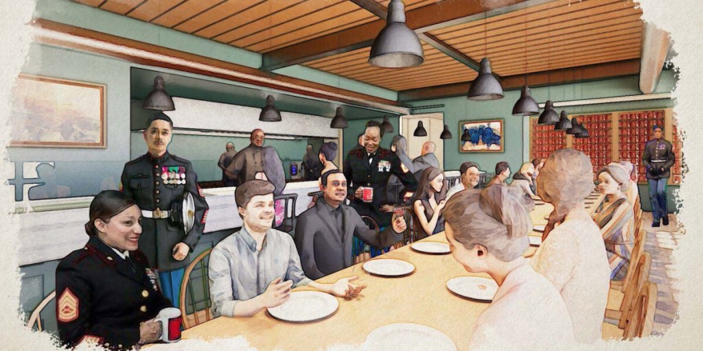 A rendering of Tun Tavern. Patrons sit at a chef's table and smile