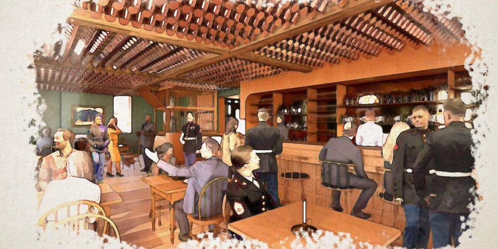 A rendering of the Tun Tavern. Patrons wait at tables and stand by a bar.