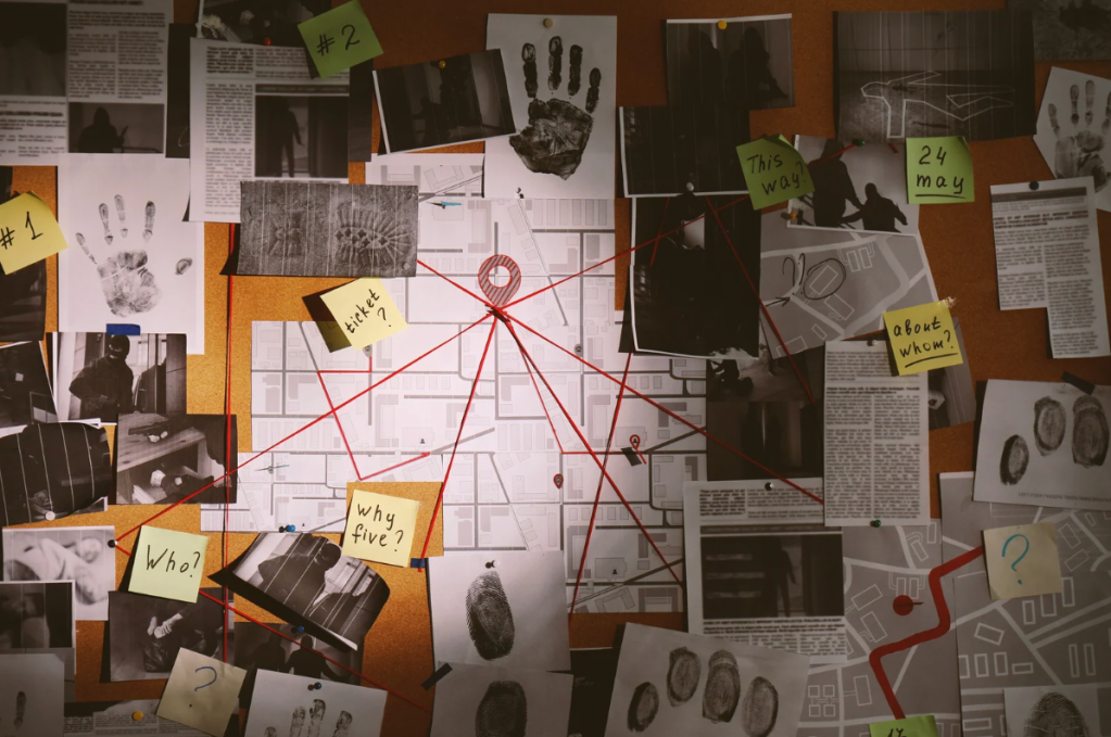 Red string on a murder bulletin board