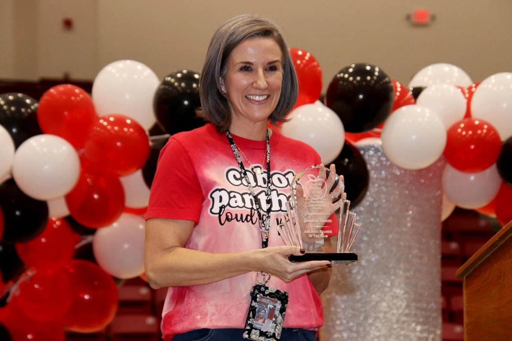 Jessica Saum, Stagecoach Elementary School special education teacher, is named the 2022 Arkansas Teacher of the Year during a pep rally in Cabot, Arkansas, Oct. 13, 2021. Saum’s one-year tenure as Arkansas Teacher of the Year will begin July 1, 2022, when she will travel the state as a representative for teachers and will serve as a non-voting member on the State Board of Education. (Courtesy photo)