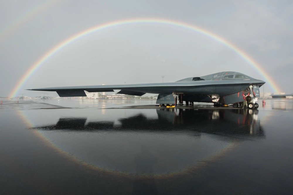 B-2 Spirit bomber, deployed from Whiteman Air Force Base, Missouri, is staged on the flightline at Joint Base Pearl Harbor-Hickam, Hawaii, Jan. 30, 2019. Three B-2 Spirit stealth bombers and more than 200 Airmen deployed here in support of U.S. Strategic Command’s Bomber Task Force (BTF) mission. During the BTF mission 37 sorties were flown for a total of 171 hours, with eight of the missions including F-22 Raptor integration. (U.S. Air Force photo by Senior Airman Thomas Barley)