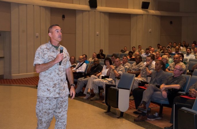 U.S. Marine Corps Maj. Gen. James W. Lukeman, commanding general, Training and Education Command, Marine Corps Base (MCB) Quantico addresses Marines and Civilians alike during a safety stand down at Little Hall, MCB Quantico, Va., July 25, 2016. Lukeman was speaking about the changes happening in the Marine Corps and safety regarding Marines. (U.S. Marine Corps photo by Lance Cpl. Alexander Cockrell/ Released)