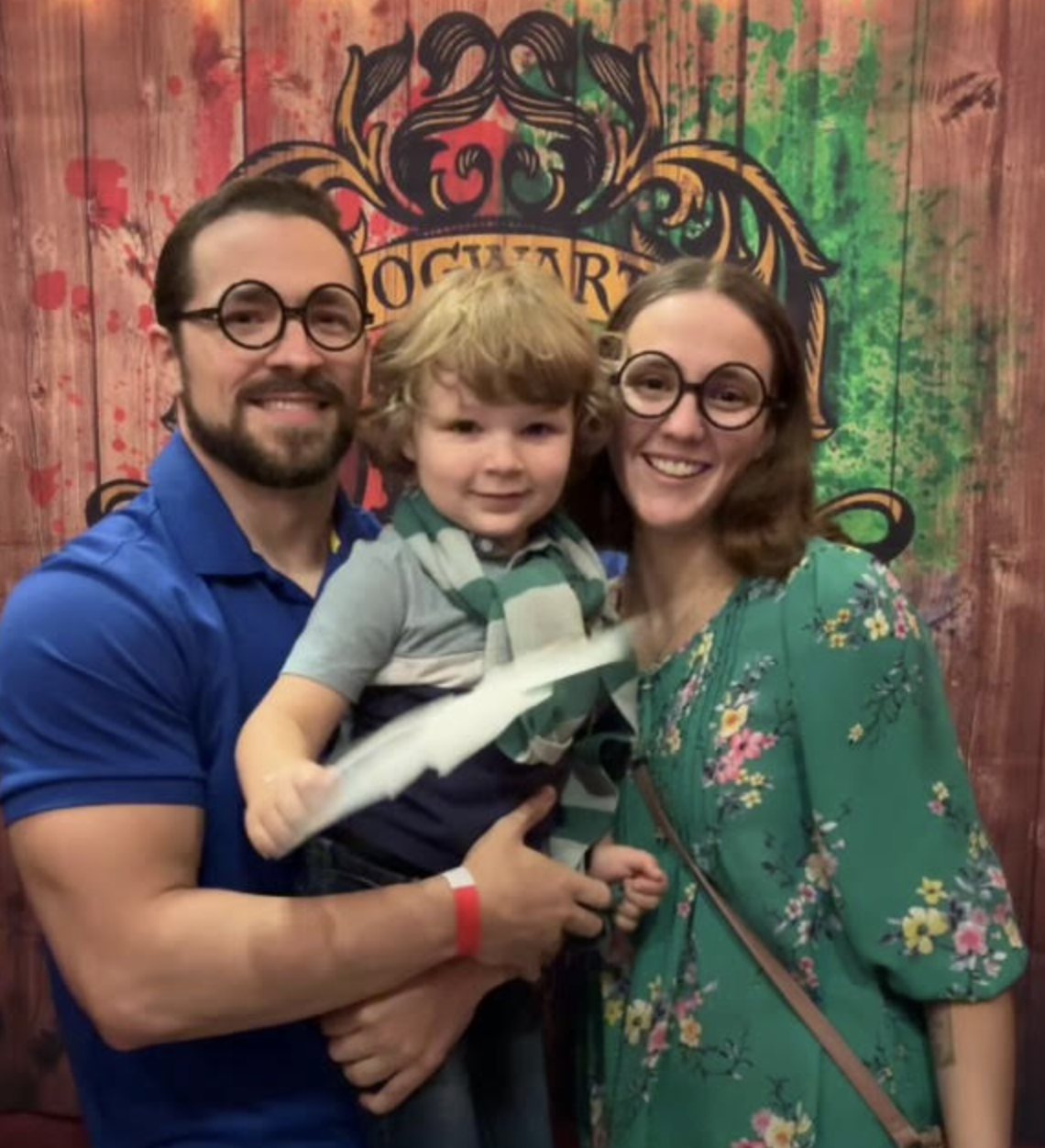 A family poses with Harry Potter glasses