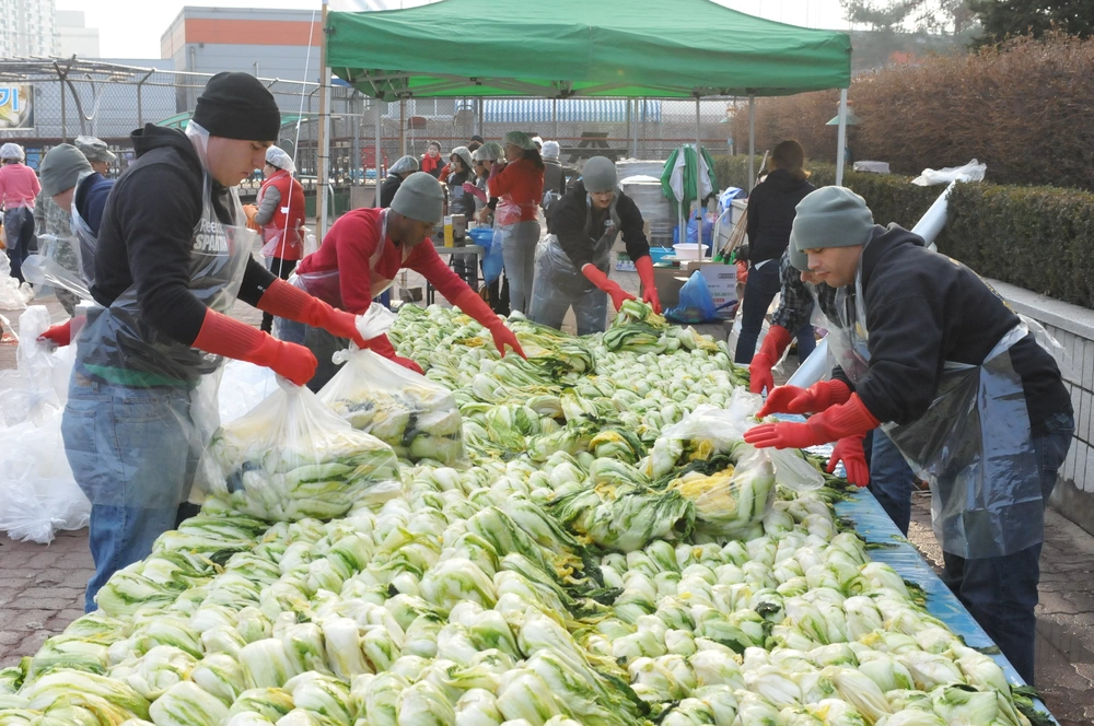 Soldiers from 210th Field Artillery Brigade, 2nd Infantry Division participate in the 2014 Kimchi Charity event Nov. 21, 2014, in Dongducheon, South Korea. The Soldiers prepared the kimchi en masse by scratch. Col. Michael J. Lawson, the commander of the 210th FA Bde., Lt. Col. Timothy Labahn, the deputy commanding officer of 210th FA Bde., and Mayor Oh Se-chang, of Dongducheon joined Soldiers and volunteers in making and taste testing the kimchi. The final product of 200 boxes were sealed and prepared for delivery to organizations offering help to the less fortunate in the local area.