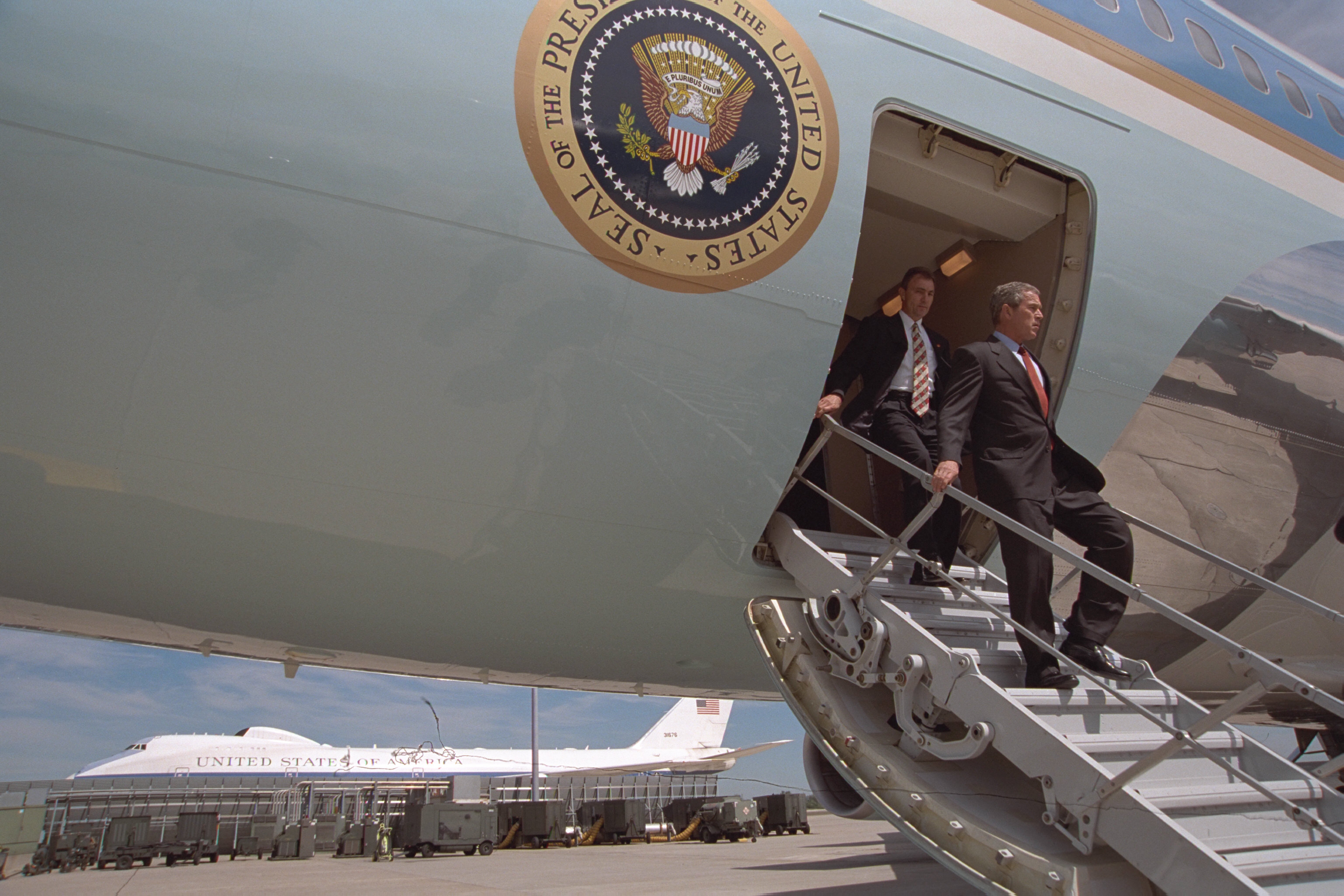 President George W. Bush arrives Tuesday, Sept. 11, 2001, at Offutt Air Force Base in Nebraska. Photo by Eric Draper, Courtesy of the George W. Bush Presidential Library