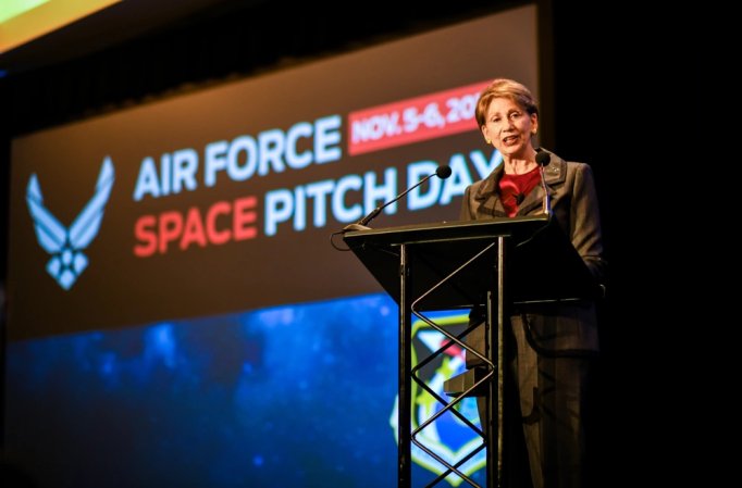 Secretary of the Air Force Barbara Barrett speaks at the commencement of the U.S. Air Force Space Pitch Day, Nov. 5, 2019, San Francisco, Calif. Air Force Space Pitch Day is a two-day event hosted by the U.S. Air Force to demonstrate the Air Force's willingness and ability to work with non-traditional startups.