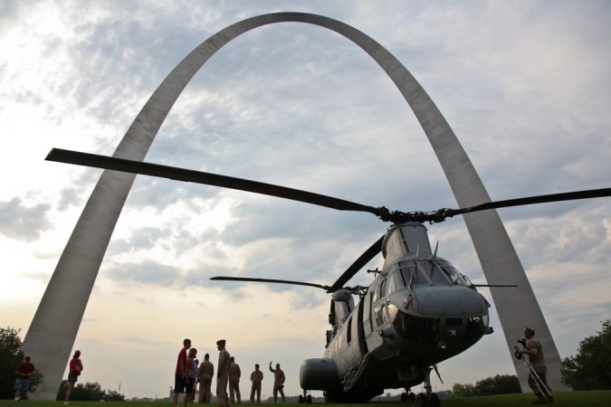 Marine pilots land a CH-46 Sea Knight as part of the static display under the Gateway Arch during Marine Week in St. Louis, June 20. Marine Week provides an opportunity to increase public awareness of the Marine Corps' value to our nation's defense and to preserve and mature the Corps' relationship with the American people.