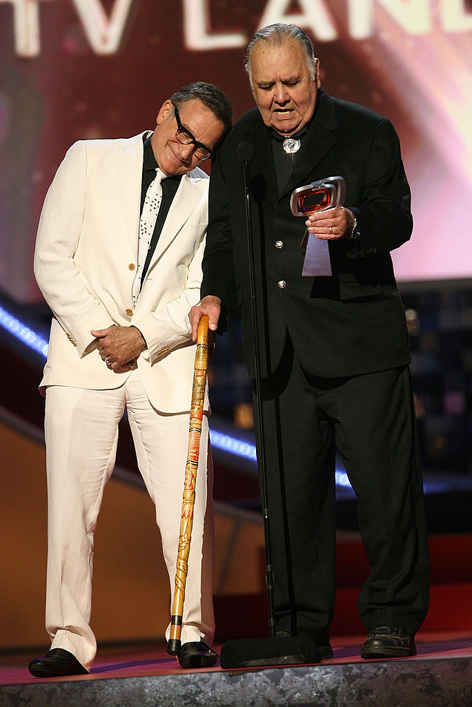 SANTA MONICA, CA - JUNE 08: Actors Robin Williams (L) and Jonathan Winters present onstage during the 6th annual "TV Land Awards" held at Barker Hangar on June 8, 2008 in Santa Monica, California. (Photo by Maury Phillips/WireImage)