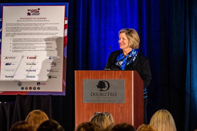 WASHINGTON (Oct. 25, 2022) -- Mrs. Linda Gilday gives remarks during the Military Spouse Employment Partnership (MSEP) Induction Ceremony at the DoubleTree Hotel, Oct. 25. The Defense Department today signed up an additional 70 government organizations, nonprofits and private sector companies to participate in its Military Spouse Employment Partnership program. (U.S. Navy photo by Mass Communication Specialist 1st Class Michael B Zingaro/released)