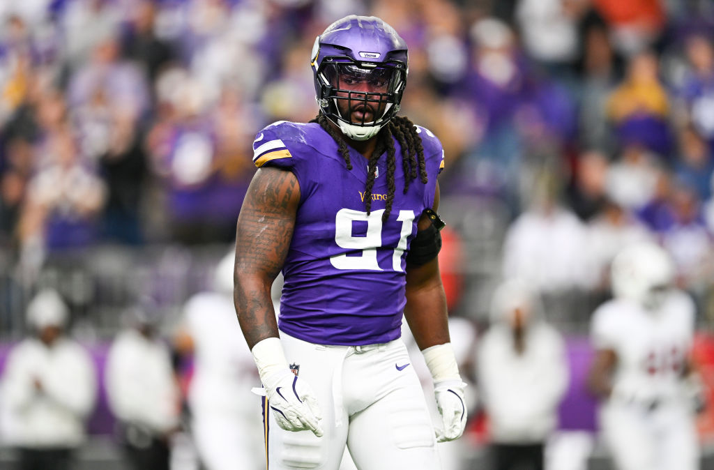 MINNEAPOLIS, MINNESOTA - DECEMBER 1: Pat Jones II #91 of the Minnesota Vikings looks on in the first quarter of the game against the Arizona Cardinals at U.S. Bank Stadium on December 1, 2024 in Minneapolis, Minnesota. (Photo by Stephen Maturen/Getty Images)