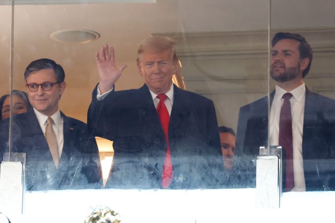 LANDOVER, MARYLAND - DECEMBER 14: (L-R) Speaker of the House Mike Johnson (R-LA), U.S. President-elect Donald Trump and Vice President-elect JD Vance attend the 125th Army-Navy football game at Northwest Stadium on December 14, 2024 in Landover, Maryland. Trump is attending the game with lawmakers and Cabinet nominees including, Vice President-elect JD Vance, Speaker of the House Mike Johnson (R-LA), Defense Secretary nominee Pete Hegseth, Gov. Ron DeSantis (R-FL) and Daniel Penny, a military veteran who was acquitted of criminally negligent homicide in a choke hold death of a New York subway rider. (Photo by Kevin Dietsch/Getty Images)