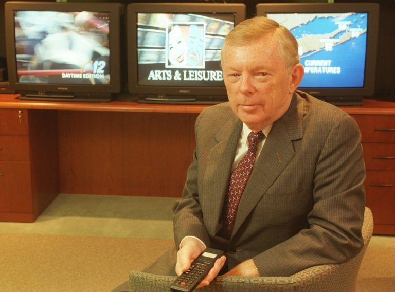 Woodbury, N.Y.: Charles Dolan, founder and chairman of Cablevision, with monitors showing some of the services being offered to Cablevision subscribers including News 12 in at Cablevision's headquarters in Woodbury, New York on Sept. 21, 1995. (Photo by Dick Kraus/Newsday RM via Getty Images)