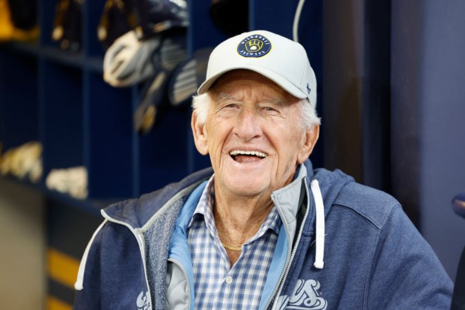 MILWAUKEE, WI - APRIL 03: Milwaukee Brewers play-by-play announcer Bob Uecker stands in the dugout prior to the game between the New York Mets and the Milwaukee Brewers at American Family Field on Monday, April 3, 2023 in Milwaukee, Wisconsin. (Photo by Jeffrey Phelps/MLB Photos via Getty Images)