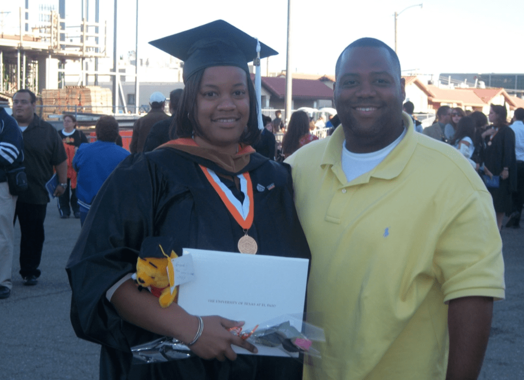 Trelvis Deschamps attends his wife Gwendolyn Deschamps' graduation at University of Texas El Paso. Gwendolyn Deschamps graduated with an MA in business management. Mrs. Deschamps used the Army Family Team Building program at Fort Bliss to help her understand and cope with the being a military spouse.