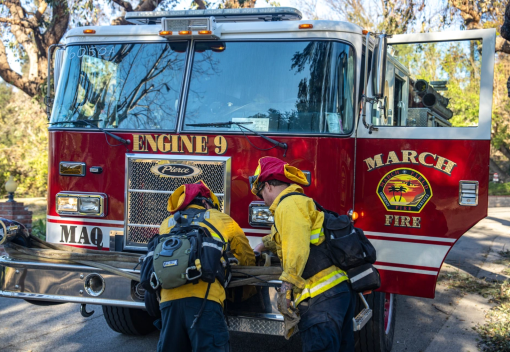 March Field Fire Emergency Services from March Air Reserve Base stationed in Moreno Valley, Calif., assisted in fire suppression efforts against the Eaton Fire in the Altadena Neighborhood of Los Angeles, Calif., on Jan. 13, 2025. Firefighters Ruben Anaya, Dakota Christensen, Brandon Dubouis, Michael Goodman, and Jack Cools were assigned to Strike Team 6050A, Division N, performing overhaul duties to locate and extinguish residual fires and hot spots, preventing potential reignition.