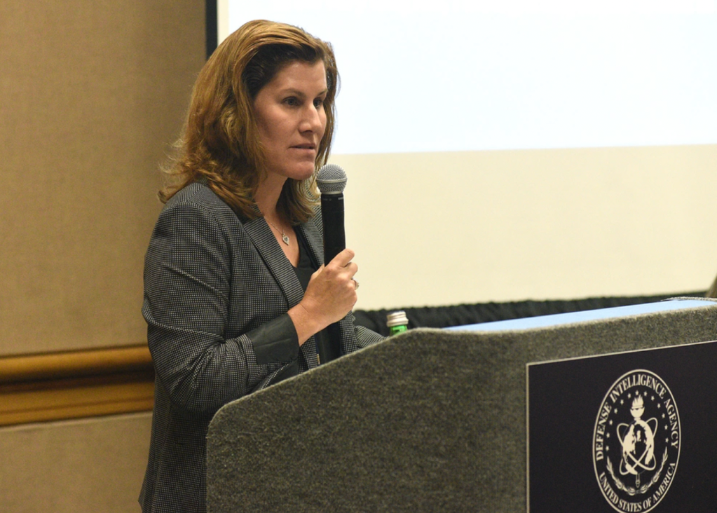 Melissa Sutherland, vice president at Booz Allen Hamilton, moderates a breakout session titled ‘Unstoppable: Women in Defense and Technology’ at the DoDIIS Worldwide Conference, Aug. 20, 2019, at the Tampa Convention Center in Florida.