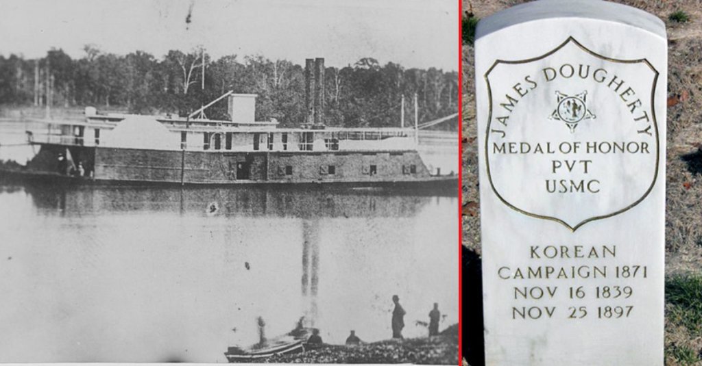 Left: USS General Sherman, Wikimedia Commons. Right: Grave stone of James Dougherty. Wikimedia Commons.