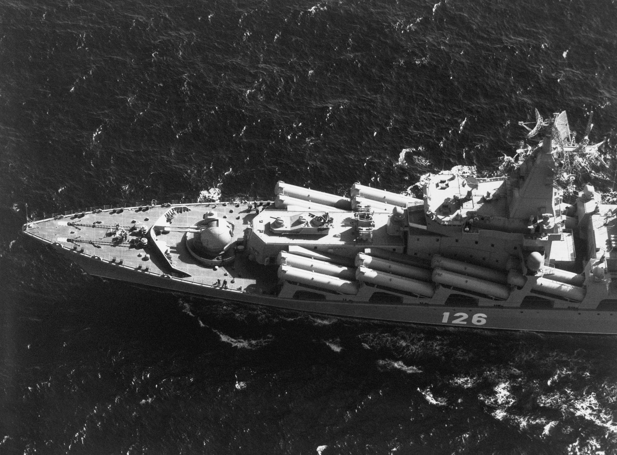 An aerial starboard view of a Russian missile cruiser.