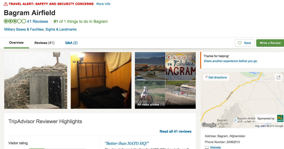 Bagram Airfield is the “Number 1 thing to do” according to TripAdvisor