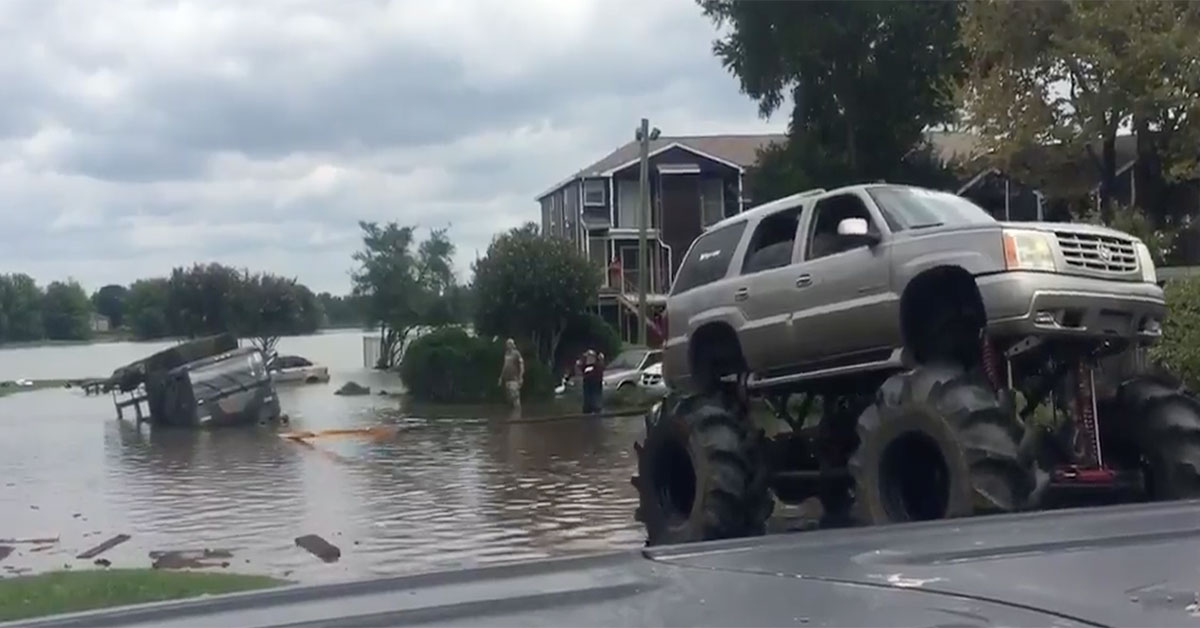 Watch this Texas monster truck rescue an Army vehicle from Harvey floodwaters