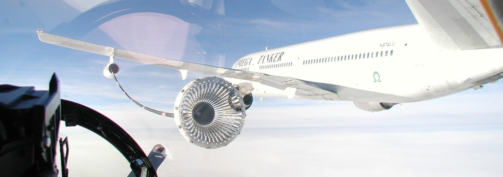  A plane comes in to refuel from Omega's KDC-10. Note the drogue at the end of the fuel hose. (Omega Air Refueling photo)