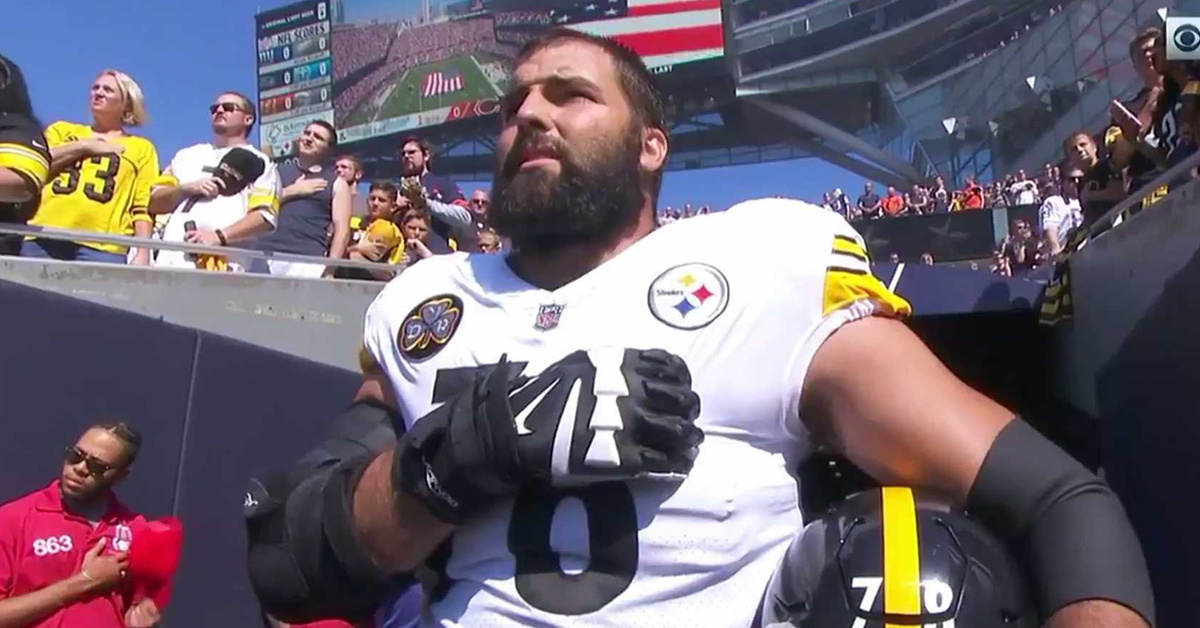 See how huge this Army Ranger and Steelers lineman really is as he greets troops before a game