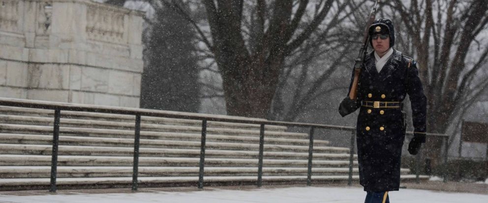 Sentinels from the 3d U.S. Infantry Regiment (The Old Guard) continue to stand guard at the Tomb of the Unknown Soldier at Arlington National Cemetery, Va., Jan. 22, 2016.